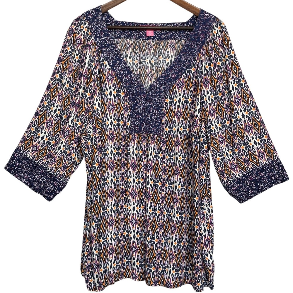 Woman Within Womens 2X Tunic Top Navy Orange Ikat Geometric V-Neck 3/4 Sleeve